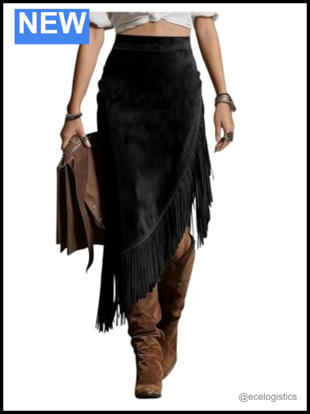 Faux Suede High Waisted Asymmetrical Fringe Midi Skirt